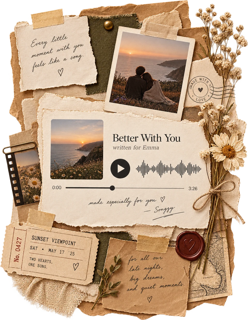 A paper collage of photographs, pressed flowers, tape and handwritten notes, layered around a song.
